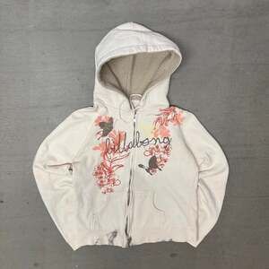 Vintage 90s Billabong Floral Zip Up Hoodie Sherpa Lined Cream Size M